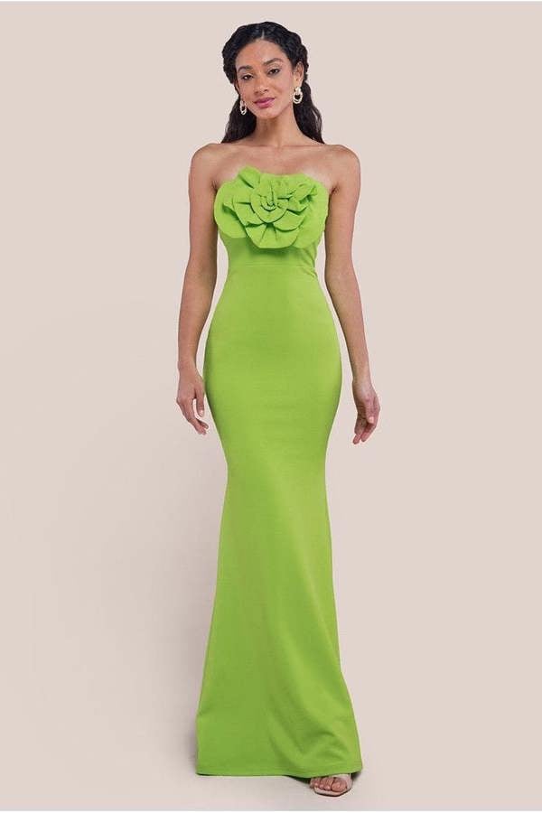 Scuba Crepe Bandeau Rose Maxi Dress - Lime Green DR4243