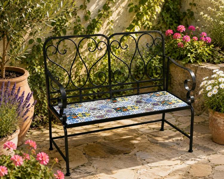 Lisbon Mosaic 2 Seater Garden Bench, 112cm Outdoor Patio Seat with Ceramic Tile Seat, Scrollwork Backrest & Metal Frame image 7