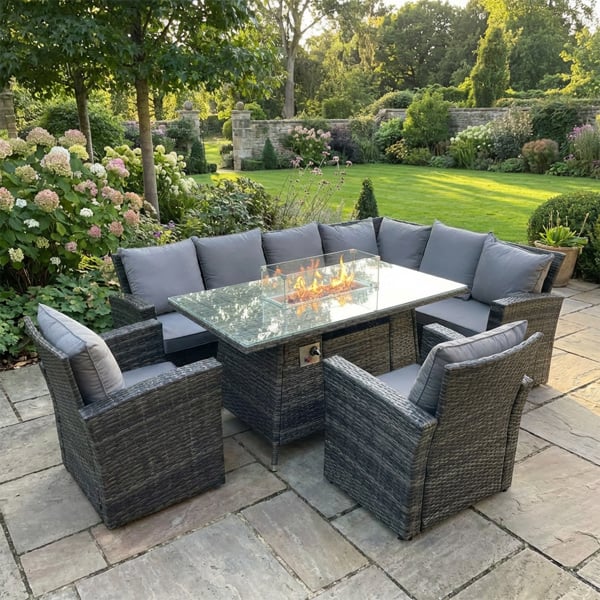 Fimous 8 Seater Rattan High Back Garden Furniture Set with Corner Sofa, Gas Fire Pit Dining Table, 2 Chairs - Dark Grey