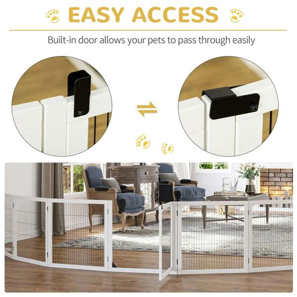 White pet safety gate with black mesh and latch system on the door