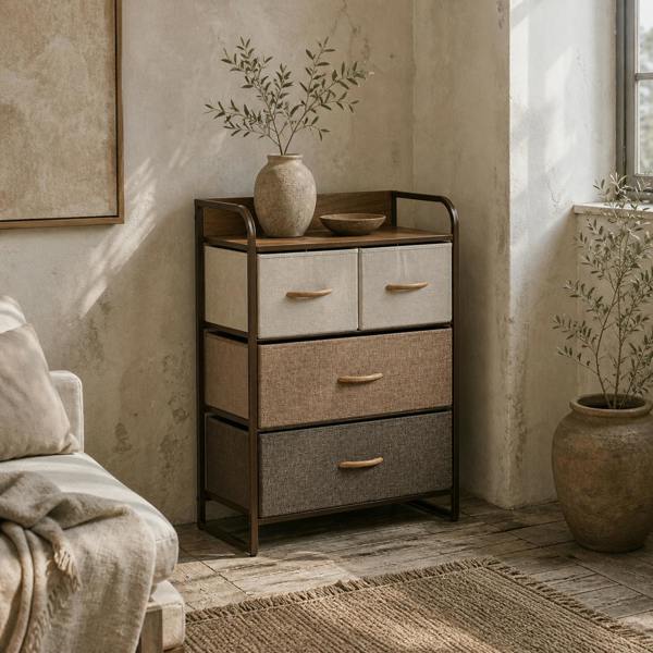 Wyld Haus Matilda Natural Wood Top 4 Brown Fabric Storage Drawer and Black Steel Frame