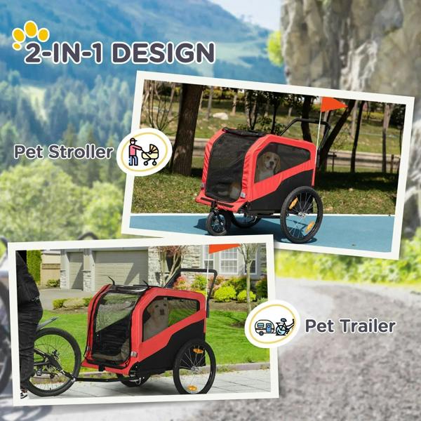Red and black 2-in-1 pet stroller and bike trailer with handlebar and mesh windows