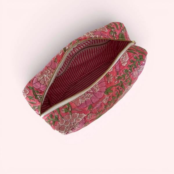 Hayley & Co XL Toiletry Bag - Quilted Cotton Large Wash Bag in Pink Garden Floral Block Print