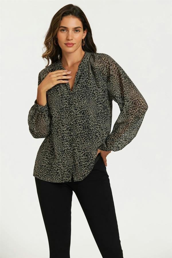 FS Collection Gold Foil Leopard Print long sleeve Blouse Top In Black