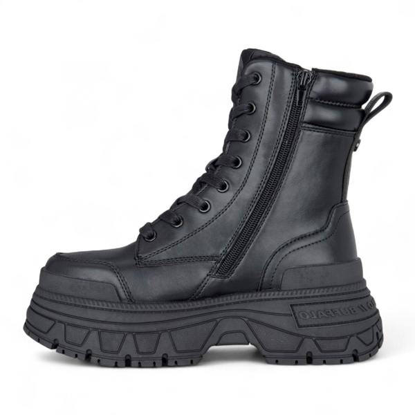 Buffalo Womens Black Chunky Platform Lace Up Mid High Combat Boots - Fusion