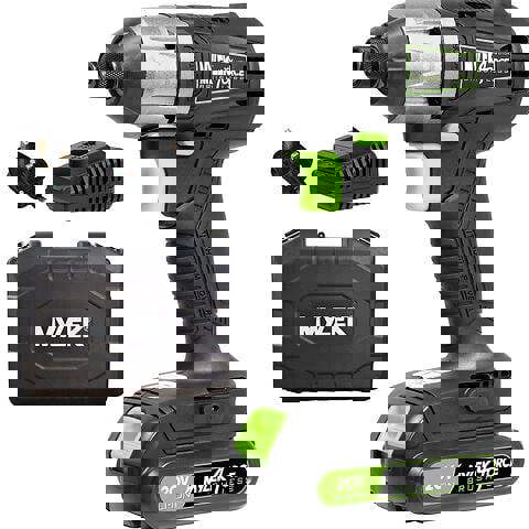Mylek Cordless Li-ion Impact Drill Driver 20V Brushless, Variable Speed (0-2400RPM), 280Nm, 0-3200BPM, 2000Ah Battery