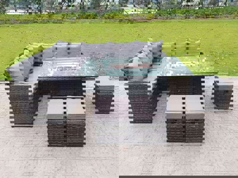Fimous High Back Corner Rattan Garden Furniture Sofa Gas Fire Pit Dining Table Sets Gas Heater 9 Seater 3 Small Footstools