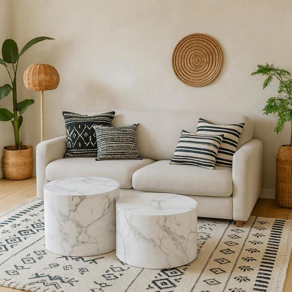 Wyld Haus Set of 2 Lille White Marble Effect Round Coffee Table