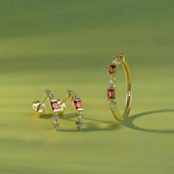 Gemondo Classic Pink Tourmaline & Diamond Half Eternity Hoop Earrings in 9ct Yellow Gold
