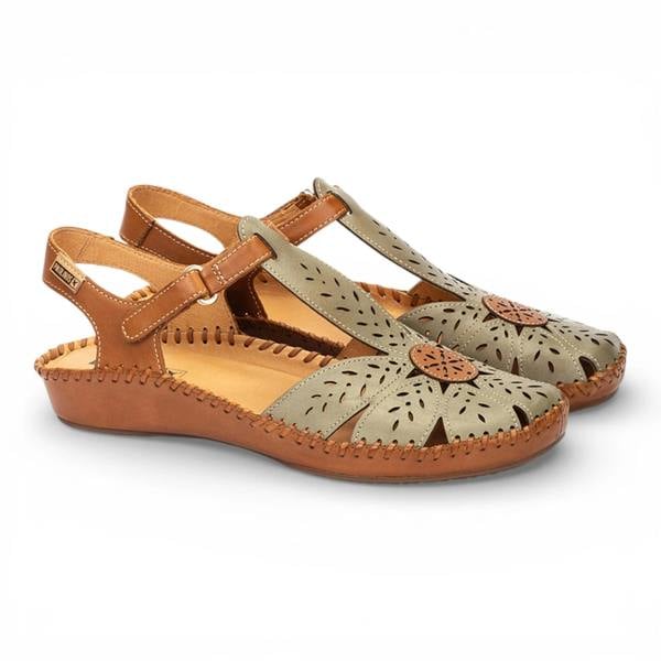 Pikolinos P-Vallarta - Women’s Tan Green Leather Wedge Sandals