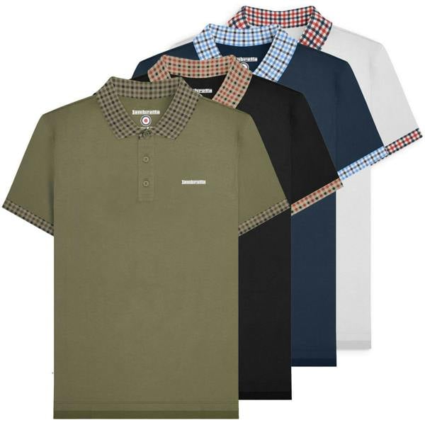 Lambretta Mens Classic Dress Gingham Mod Retro Ska Casual Polo, image of four polo shirts in olive green, black, navy blue, and white, each featuring contrasting checkered collar and sleeve cuffs.
