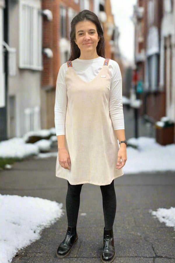 Handmade Stories Beige corduroy v neck dress