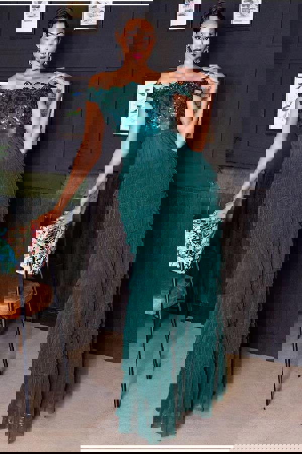 Scallop Bardot Ruffle Mesh Maxi - Emerald Green DR3742