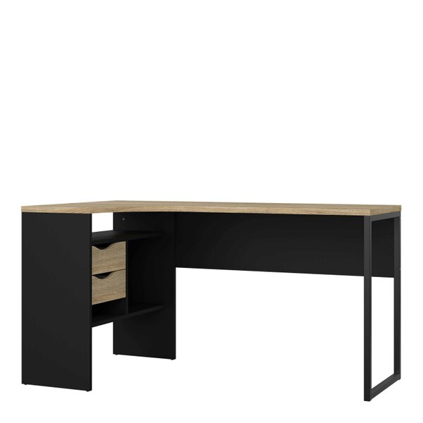Wyld Haus Billabong Black and Natural Oak Wood Corner Office Desk 2 Drawers