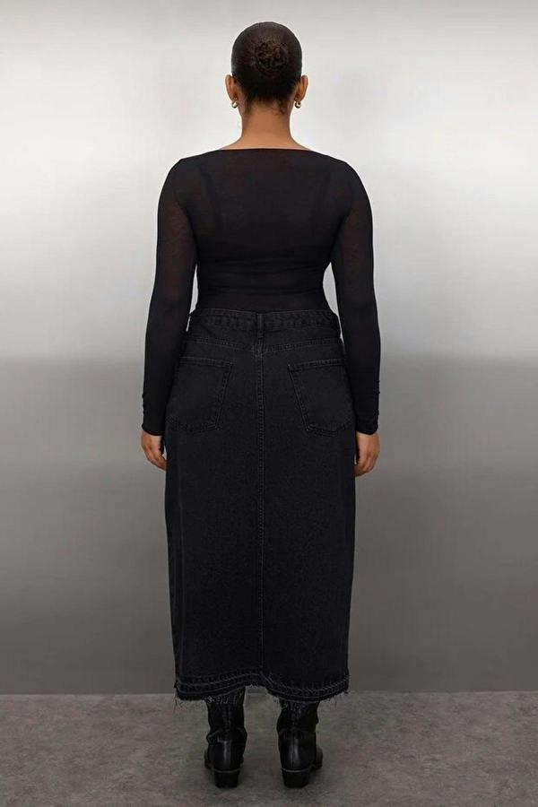 WOVCOR Front Slit Midi Length 100% Cotton Non-Stretch Plus Size Denim Skirt