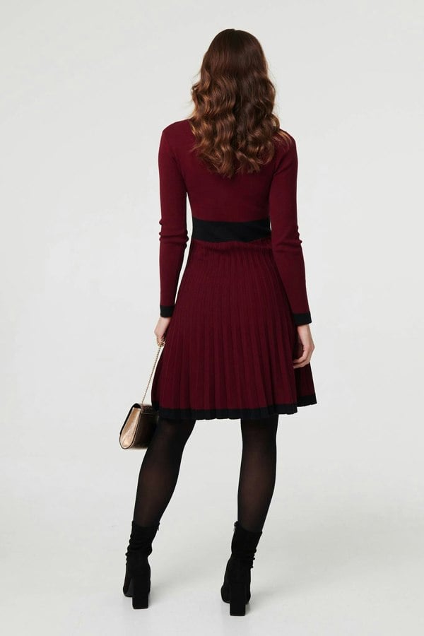Red | Colour Block Zip Knit Knee Length Dress
