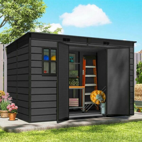 Bobobiy 10 x 6 ft Resin Garden Shed, Outdoor Storage Shed with Floor, Windows, Lockable Doors and Vents, Dark Grey - Dark Grey