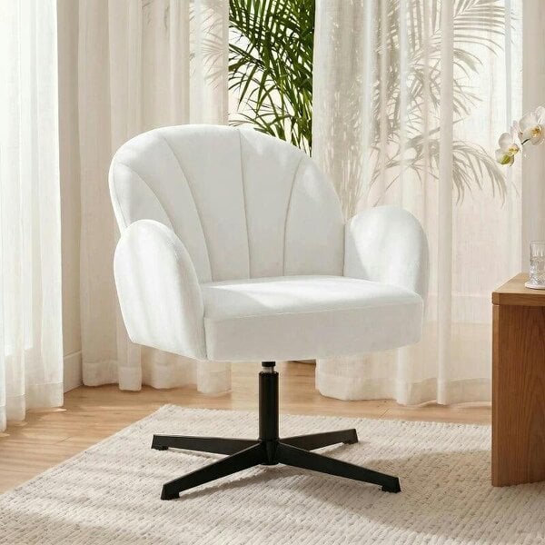 Bobobiy Swivel Accent Chair, Shell-Shaped Armchair with Spring Cushion, Metal Base, Cream White