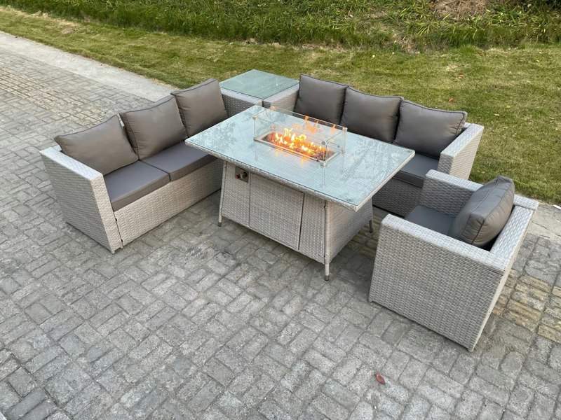 Fimous Rattan Garden Furniture Set with Firepit Dining Table, Corner Sofa, Side Coffee Table and Chair - 7 Seater - Light Grey