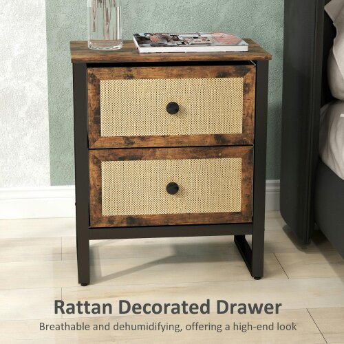 Wyld Haus Mata Coyo Brown Industrial Bedside Table Wicker 2 Drawers