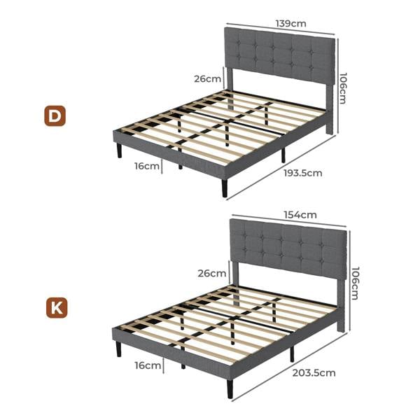 Levede Bed Frame Upholstered Linen Headboard Wooden Slat Double King Size Grey
