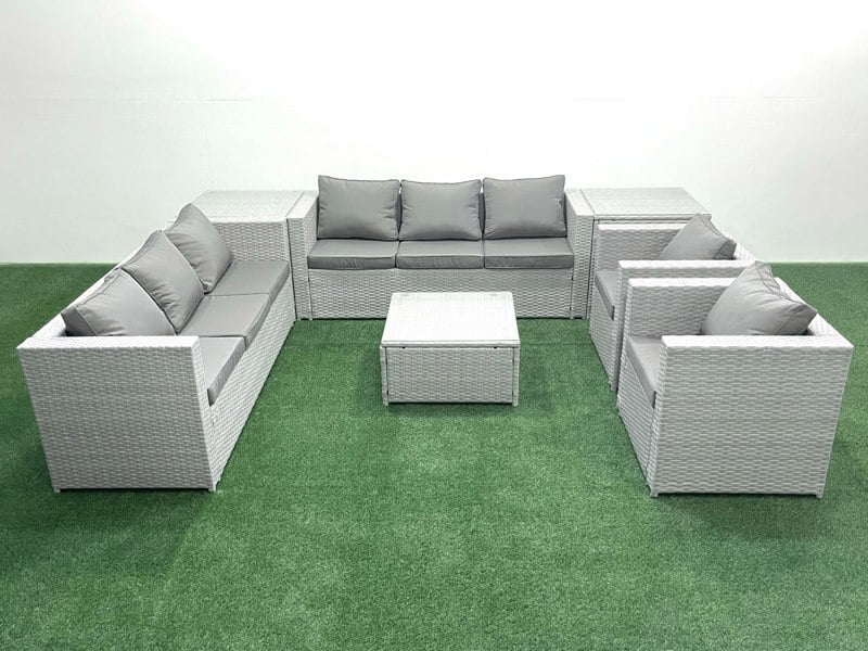 Fimous Outdoor Rattan Sofa Garden Furniture Set with 2 Armchairs Square Coffee Table 2 Side Tables Light Grey Mixed