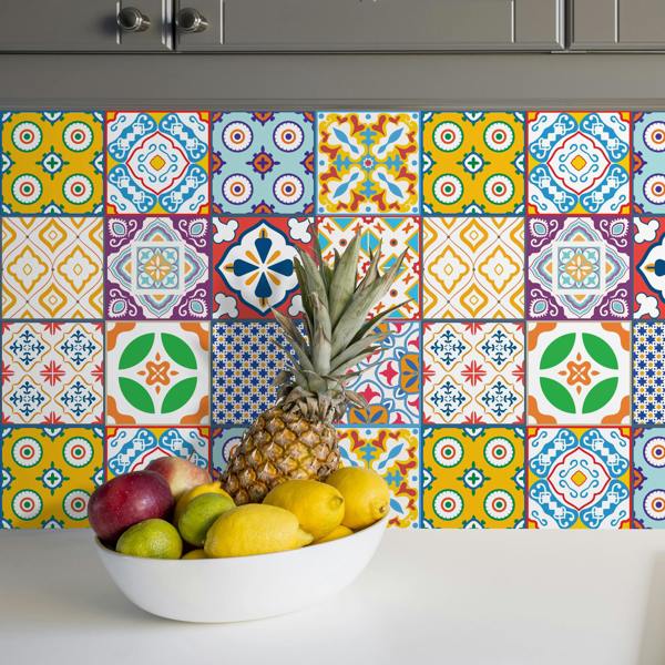 WALPLUS WT1536 - Classic Mediterranean Colourful Mixed Tiles Wall Stickers Set 2 - 15 x 15 cm (6 x 6 inches) - 24 pcs.