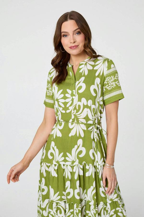 Green | Abstract Short Sleeve Tiered Midi Dress