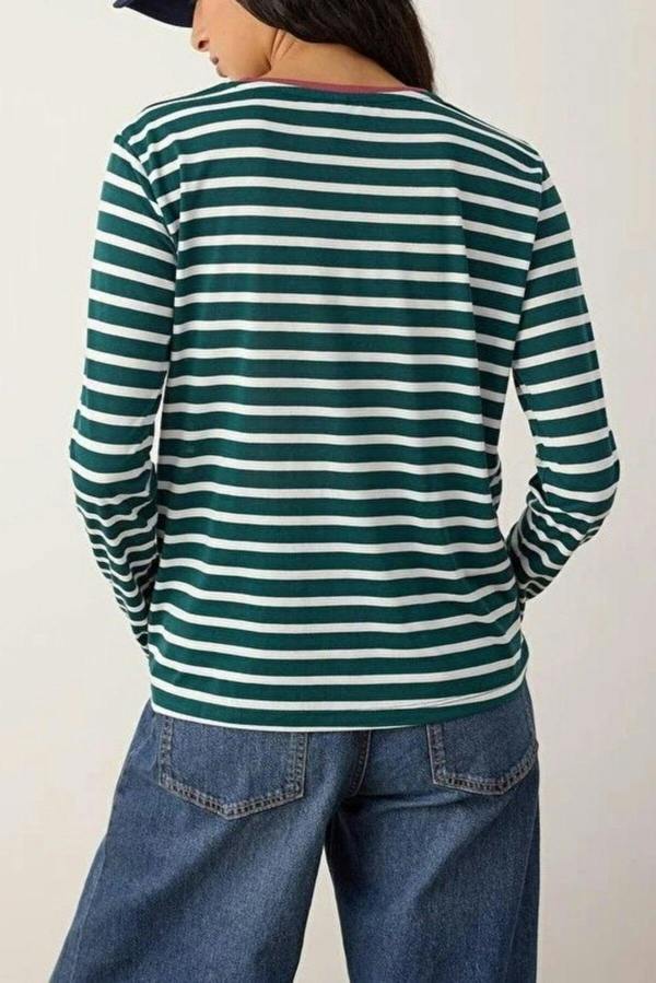 WOVCOR Striped Crew Neck Colorful Ribbed Knit T-Shirt