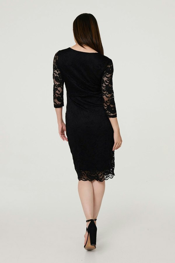 Black | Lace 3/4 Sleeve Faux Wrap Front Dress
