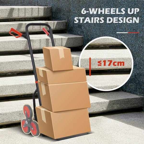 Red and black stair-climbing hand truck trolley with cardboard boxes on steps