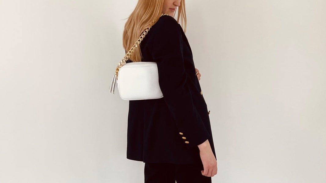 Apatchy London The Tassel White Leather Crossbody Bag With Gold Chain Strap