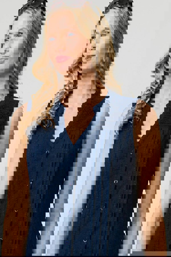 Blue | Lace Trim Sleeveless V-Neck Blouse
