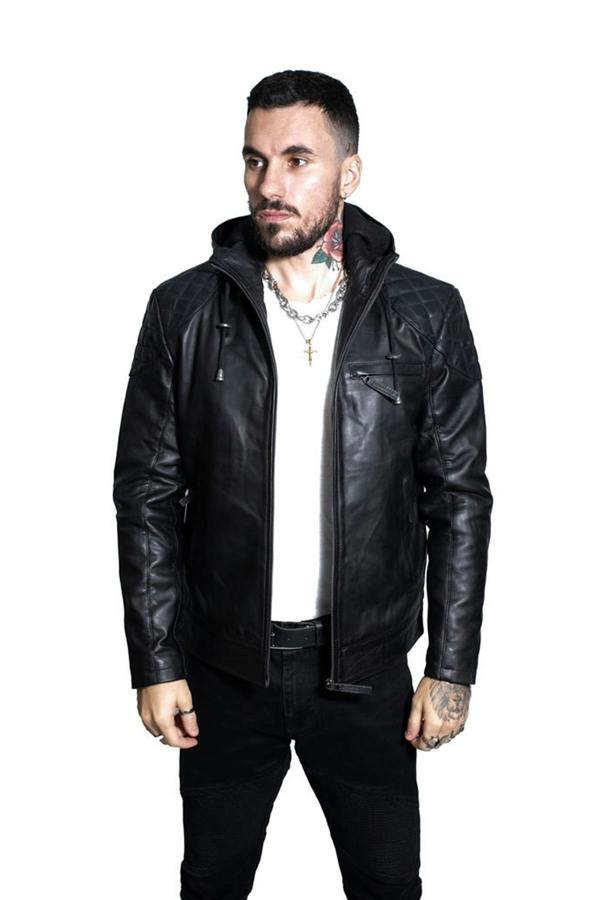Infinity Leather Mens Retro Hooded Leather Bomber Jacket-Zaria