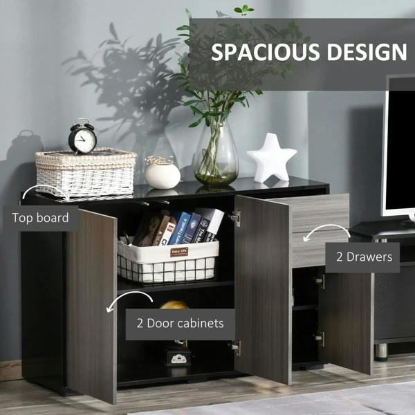 Side cabinet with two door panels and two drawers, dark top board and black base