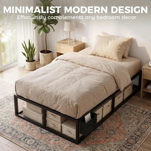 12 Slats Metal Platform Bed Frame, 3ft Single Bed Frame with Storage Bag and Anti-Slip Pads, Black