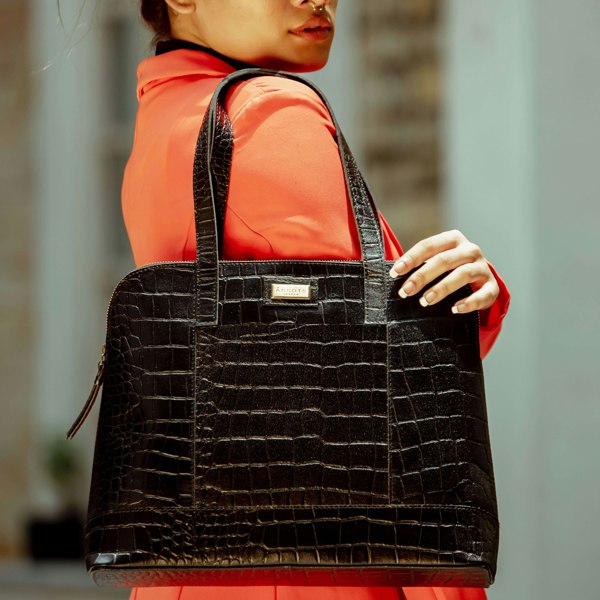 Assots London 'Eva' Black Croc Real Leather Designer Unlined Tote Bag
