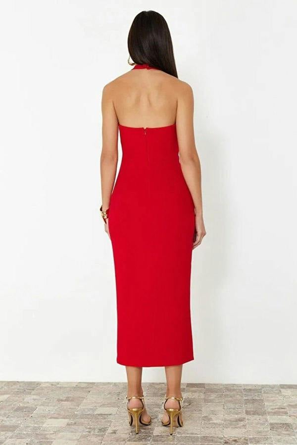 WOVCOR Body-Fitting Midi Woven Dress with Slit Detail