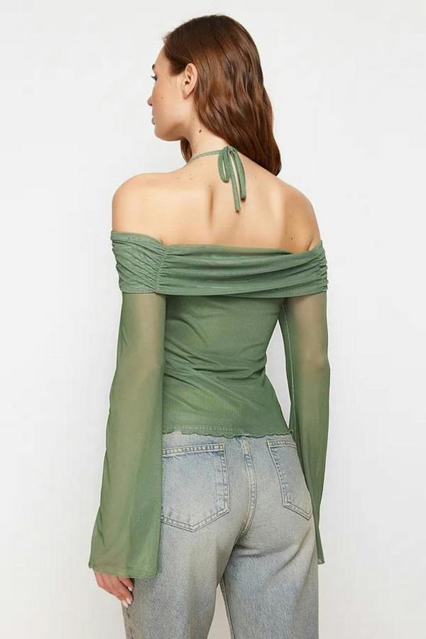 Hoxton Gal Off-Shoulder Knit Blouse with Tie Detail and Flared Sleeves