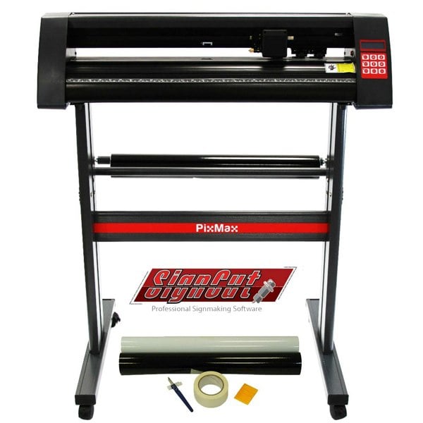 PixMax Vinyl Cutter Plotter with SignCut Pro software, featuring a sleek black design, sturdy stand, and weeding tools for precision cutting