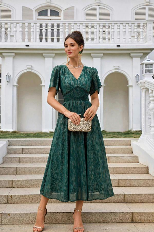 FS Collection Angel Sleeve Gold Stripe Foil Midi Dress In Green