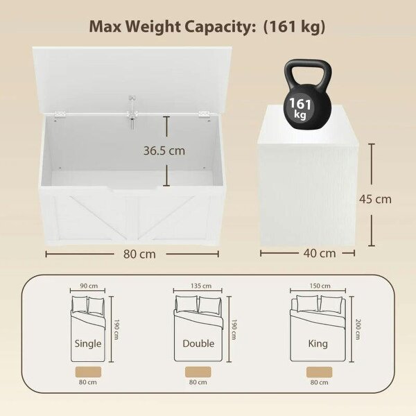 100L Home Storage Box, with Safety Hinge - White Wood-Effect