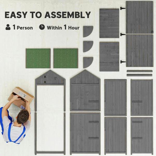 Grey wooden garden shed panel kit with assembly parts