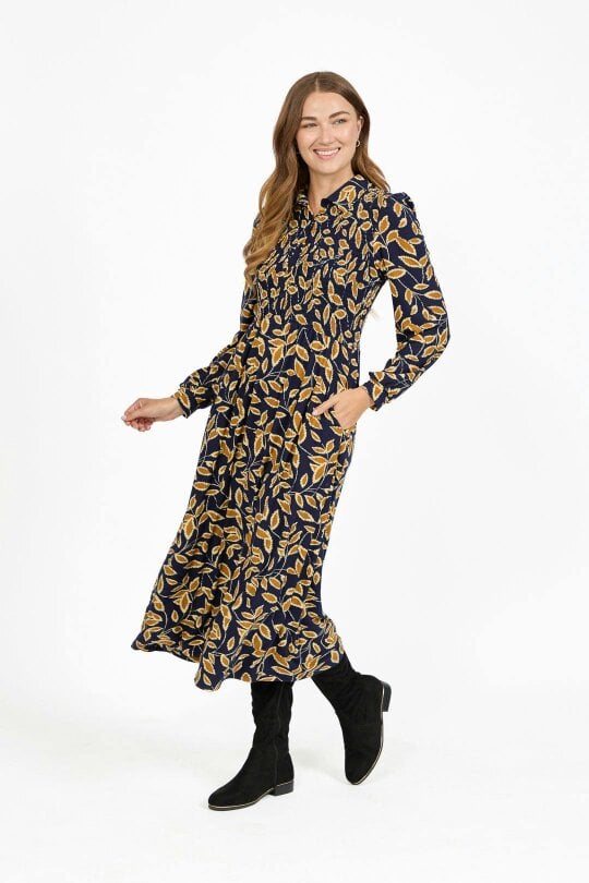 Mudflower Leaf Print Soft Touch Shirred Bodice Button-Up Midi Dress - Mustard