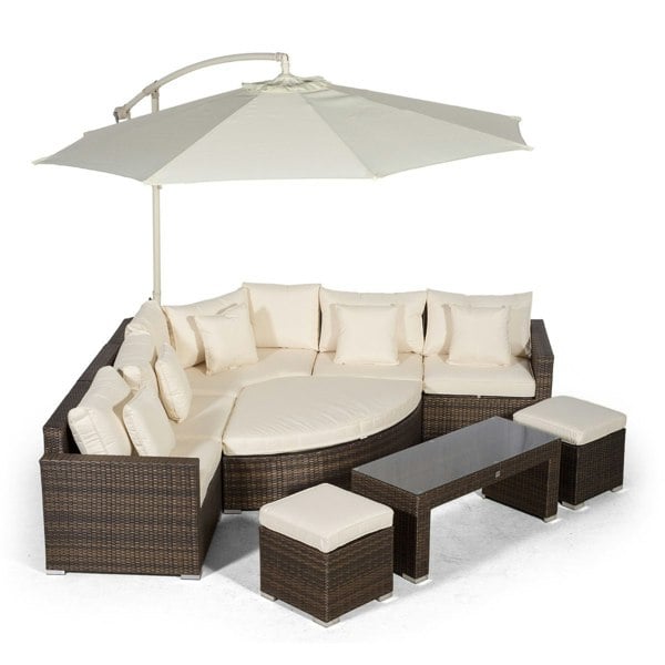 Giardino Santorini L Shape Modular 5 Seat Rattan Corner Sofa Set With Daybed Ottoman, Large Coffee Table & 2 Stools