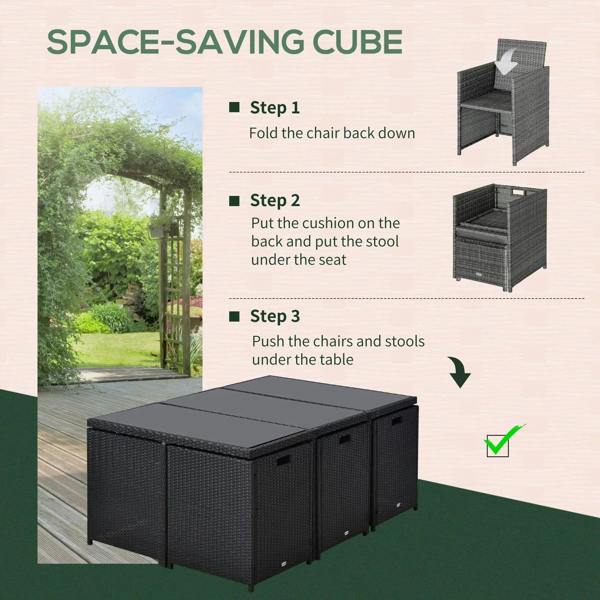 Space-saving black rattan ottoman table with fold-down chair backs and cushions