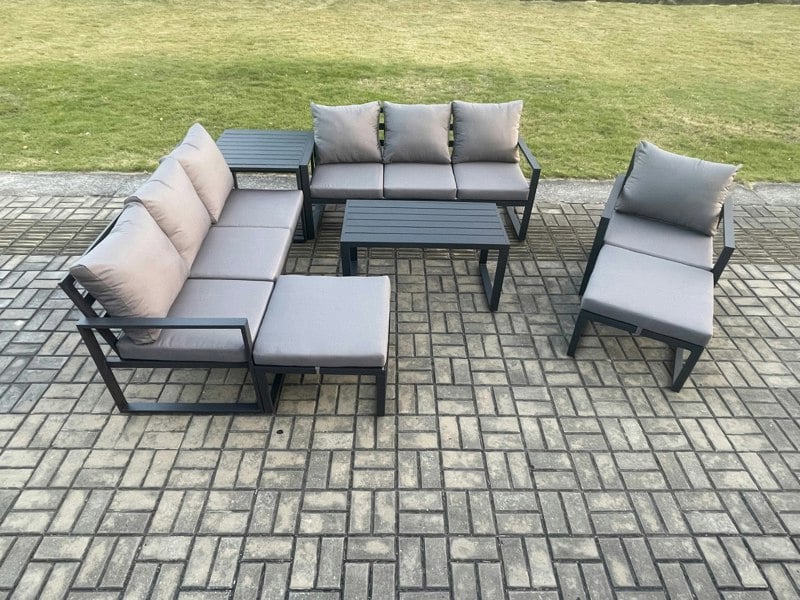 Fimous Dark Grey Aluminium 9 Seater Outdoor Lounge Set - Armchair, 2 Big Footstools & Side Table
