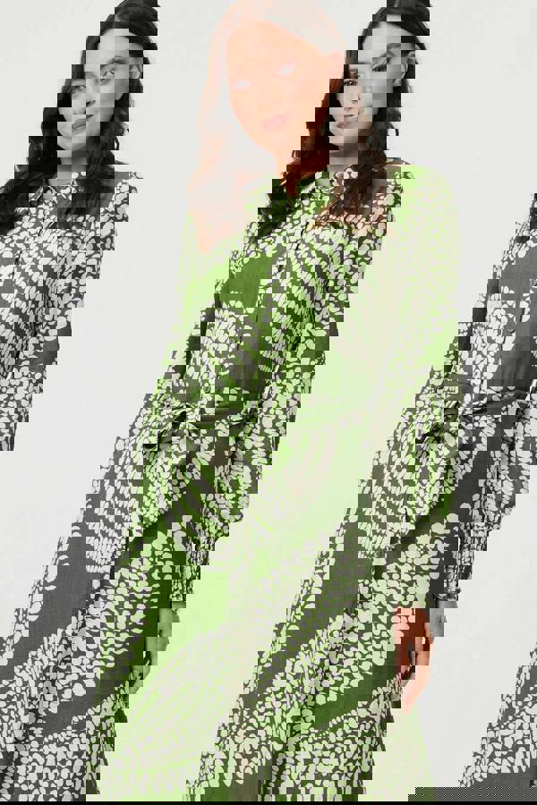 Green | Printed Balloon Sleeve Midi Shirt Dress