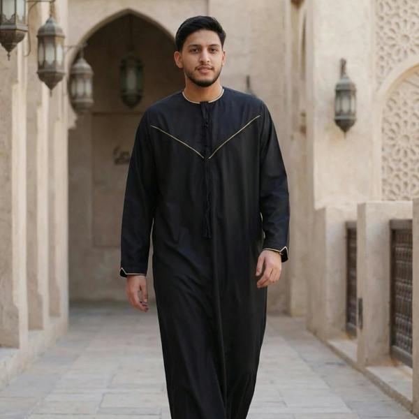 TT-007 - Men's Emirati Omani Gold Embroidery Thobe - Black - Thobez - 16