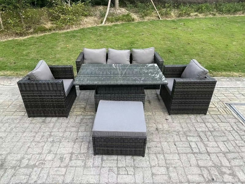 Fimous Rattan Garden Furniture Sofa Set Outdoor Adjustable Rising Lifting Dining Table Set with 2 Armchairs Big Footstool Dark Grey Mixed